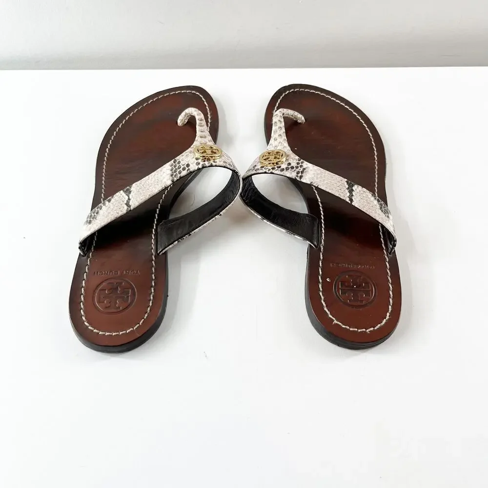 Tory Burch Cameron Snakeskin Embossed Leather Flat Thong Sandals Brown 7